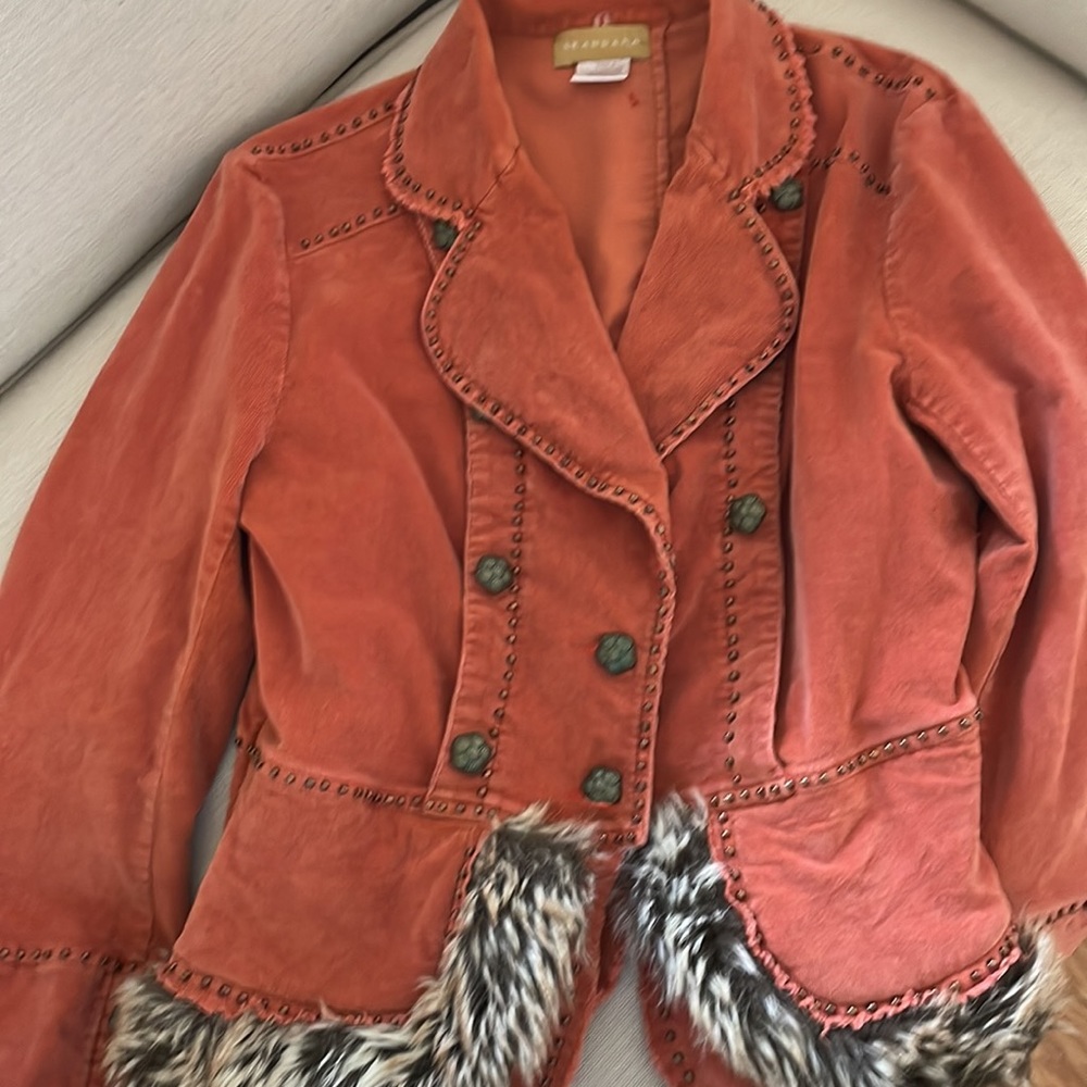 Corduroy jacket. Fur cuffs. pumpkin color with brass studs & buttons. So unique!